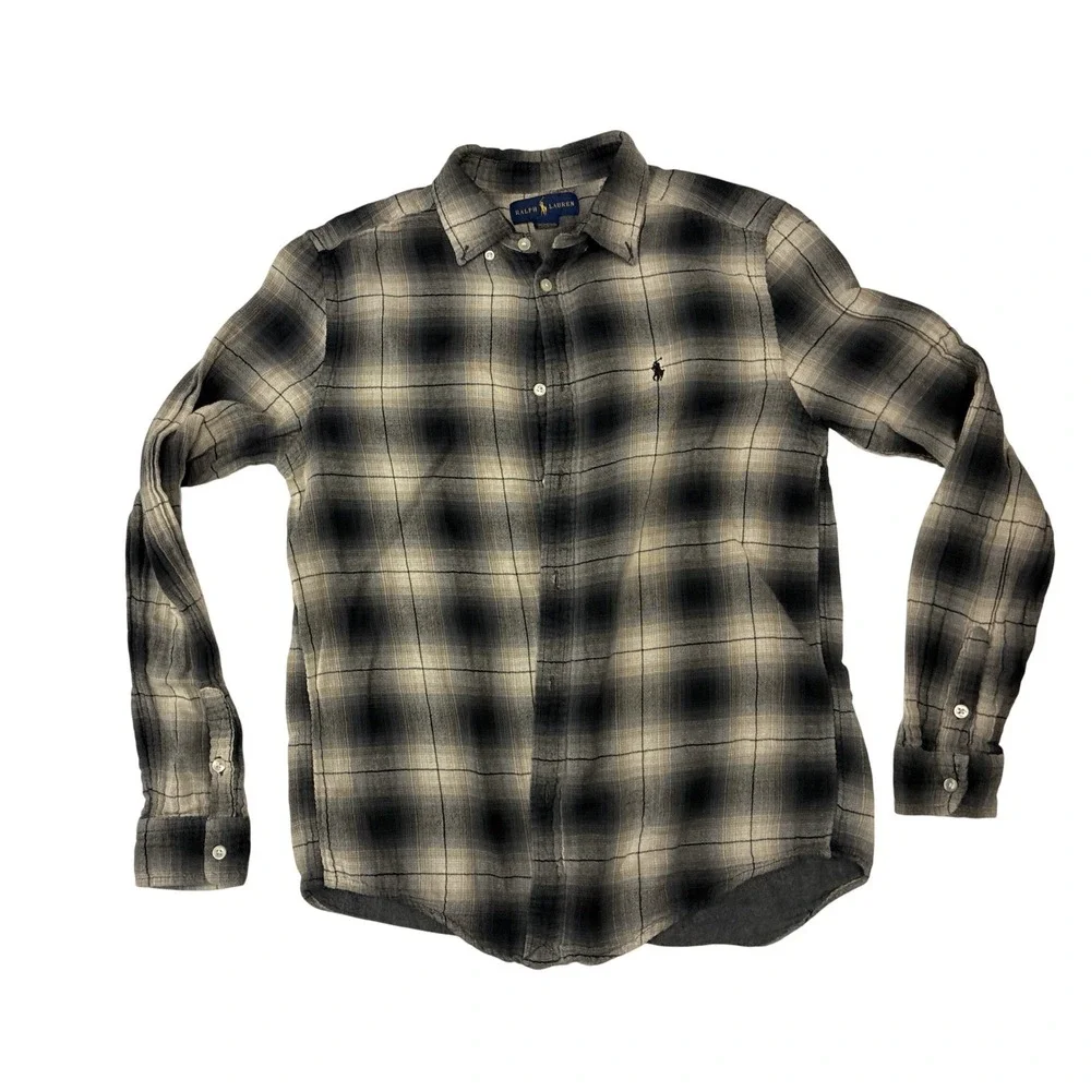 Ralph Lauren Boys XL 18-20 Gray Black Ombre Plaid Flannel Button Down Shirt Logo